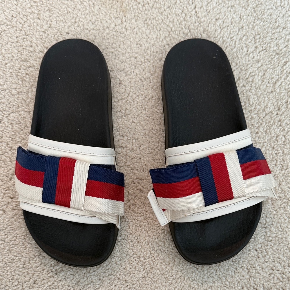 Gucci Black Sandals with Red and Blue Stripes